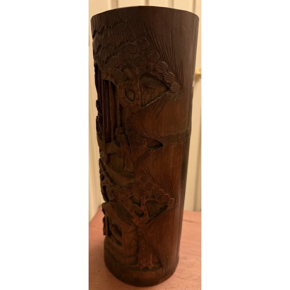 Antique Chinese carved‎ landscapes and figurines bamboo brush pot Vase